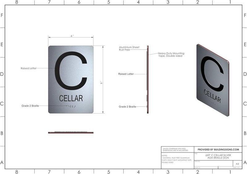 BUILDINGSIGNS.COM Floor Number Sign Tactile Graphics Grade 2 Braille Text With Raised Letters Aluminum, Safety Sign For Office, School Hospital,Brush Silver (Cellar) - Image 2